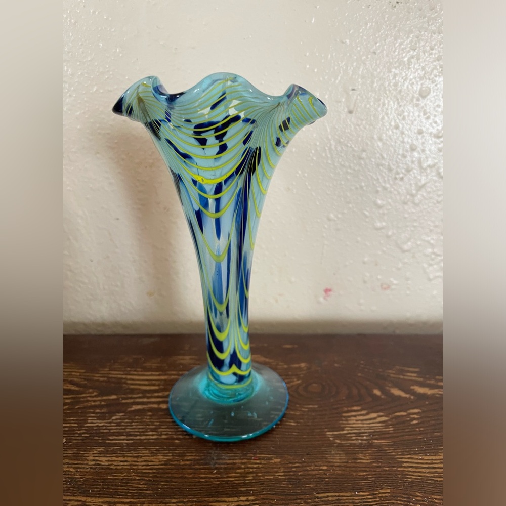 VINTAGE handmade 1920’s Blue Glass Yellow Vase 6.5” Pontil Mark Yellow Wavy